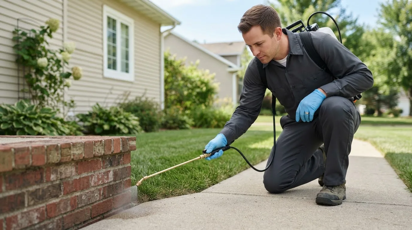 Pest control technician treating a home near Waupun, WI