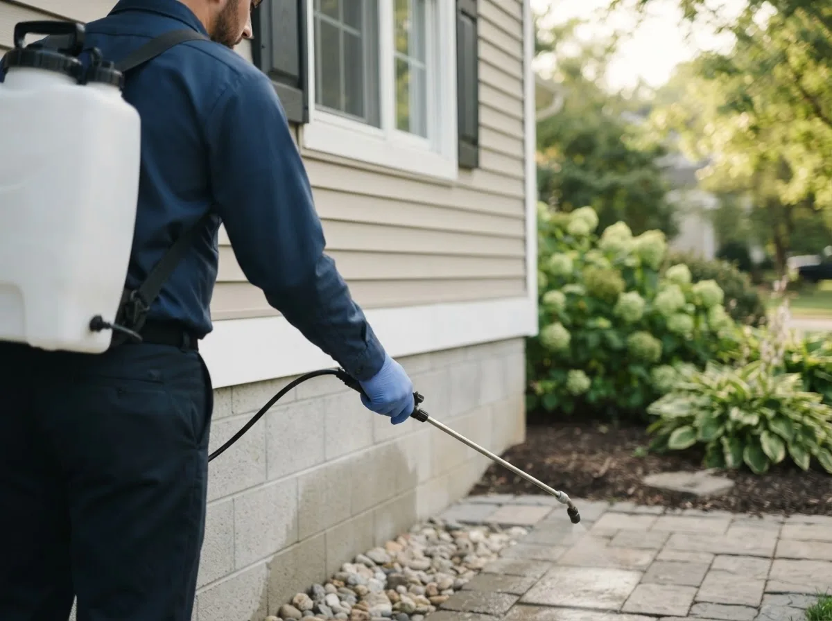 Pest control technician inspecting a home in Waupun, WI
